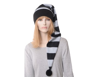 Long Stocking Cap Black Gray Striped Waist Length Pointed Hat Fleece Santa Elf Hat Adult Men Women