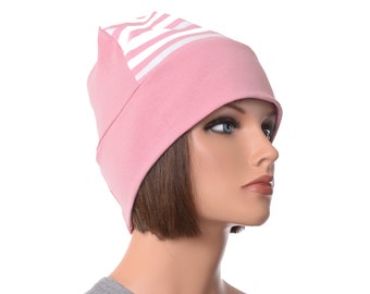 Beanie Rose Pink White Striped with Pompom Nightcap Cotton Lightweight Kawaii Chemo Cap