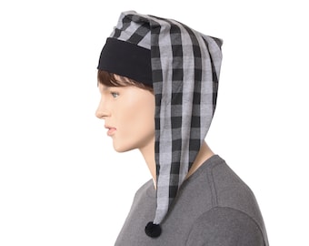 Sleeping Hat Night Cap Gray Black Buffalo Plaid Pointed Nightcap with Pompom Cotton Adult Men Women