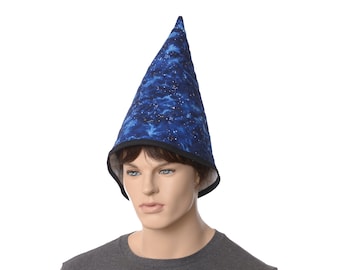 Gnome Hat Quilted Cotton Blue Swirls and Stars Celestial All Natural Fiber Tall Pointed Cap Halloween Costume Wizard Witch Adult Men Women