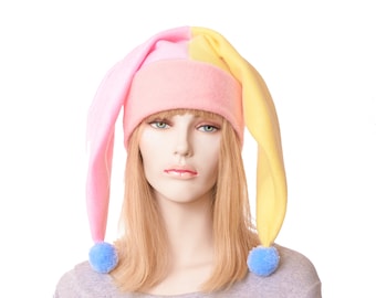 Jester Hat Kawaii Pastel Goth Harlequin Hat Two Pointed Hat with Pompoms Adult Man Woman Fleece Peach Pink Blue Yellow