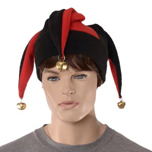 Jester Hat Red Black with Gold Bells Fleece Harlequin Cap Fools Hat Three Pointed Beanie 3 Tail Hat Cosplay Adult Men Women