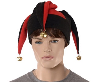 Jester Hat Red Black with Gold Bells Fleece Harlequin Cap Fools Hat Three Pointed Beanie 3 Tail Hat Cosplay Adult Men Women