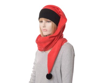 Wrap Around Stocking Red Fleece Body with Black Headband and PomPom Adult Men Women Long Scarf Hat Warm Winter Hat