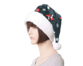 Stocking Cap Sherpa Headband Green Mushrooms and Snow Flakes Cottagecore  Adult Santa Hat Pointed Men Women