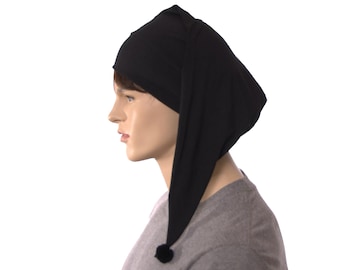 Night Cap Black Cotton Pointed Nightcap with Pompom Adult Men Women Gift for Him Hat to Sleep In Sleeping Beanie
