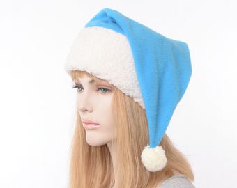 Ice Blue Fleece Santa Hat with White Sherpa Cuff and Pompom, Winter Wonderland Stocking Cap