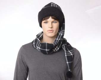 Long Stocking Cap Scarf Hat Plaid Black White Wrap Around Coil Pompom Sherpa Headband Fleece Adult Men Women