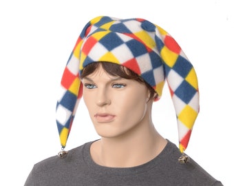 Jester Hat Checked Harlequin Red, Blue, Yellow, White Diamonds Fleece Cap Bells Renaissance Costume Festival Adult Men Women