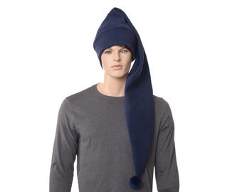 Navy Blue Extra Long Stocking Hat – Waist-Length Fleece Elf Cap with PomPom or Tassel – Dark Winter Hat for Adults
