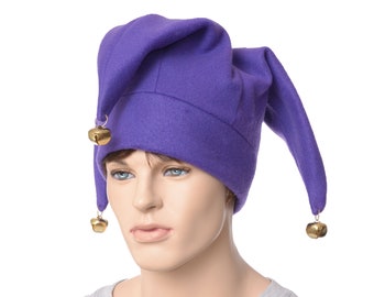 Purple Jester Hat Three Pointed Gold Bells Harlequin Fool Renaissance Cosplay Adult Men Women Costume Hat