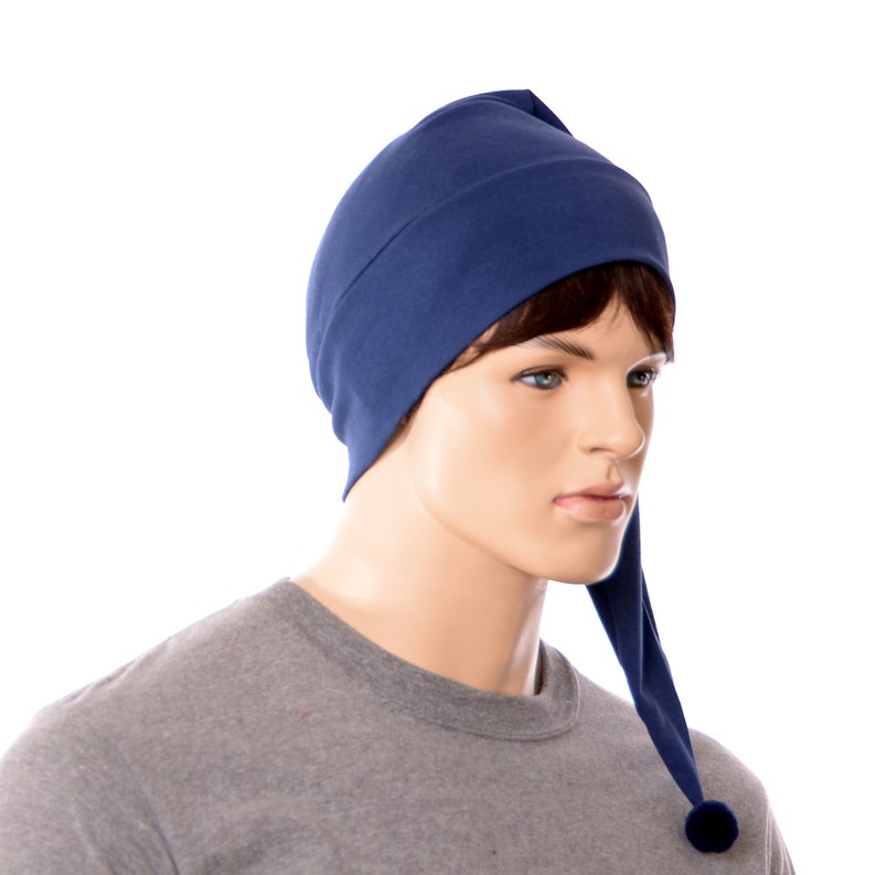 Night Cap Navy Blue Pointed Nightcap with Pompom Cotton Adult Men Women