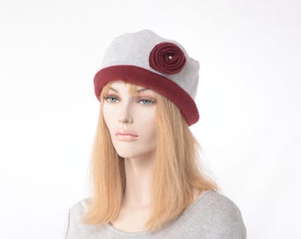 Fleece Hat – Gray & Burgundy Winter Cap with Rose and Fleur de Lis Button, Soft Cozy Cuffed Beanie Style, Cute Warm Hats
