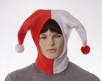 Jester Hood Red White Hat Fleece Pompoms Adult Men Women Harlequin Cosplay Handmade Balaclava