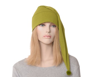 Sleeping Hat Night Cap Green Chartreuse Pointed Nightcap with Pompom Cotton Adult Men Women