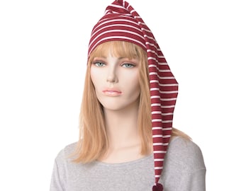 Night Cap Burgundy White Striped Cotton  Nightcap Pompom Adult Men Women Maroon Chemo Hat