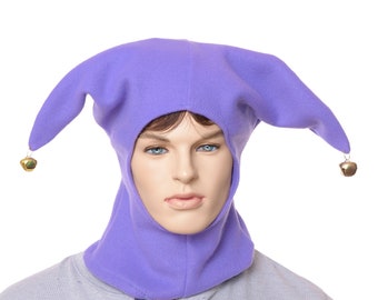 Jester Hood Hat Purple Made of Fleece with Gold Bells Harlequin Cap Pom Cosplay Adult Men Women Handmade Balaclava