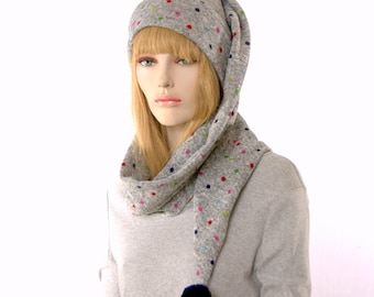 Long Stocking Cap Gray Sewn Sweater Knit Scarf Hat 5 Foot Long Tail Multi-Color Polka Dot Pompom Christmas Gift for Her Him Wrap Around