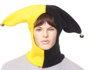 Jester Hood Yellow Black Hat Fleece Silver Jingle Bells Renaissance Fair Handmade Cosplay Balaclava Adult Men Women