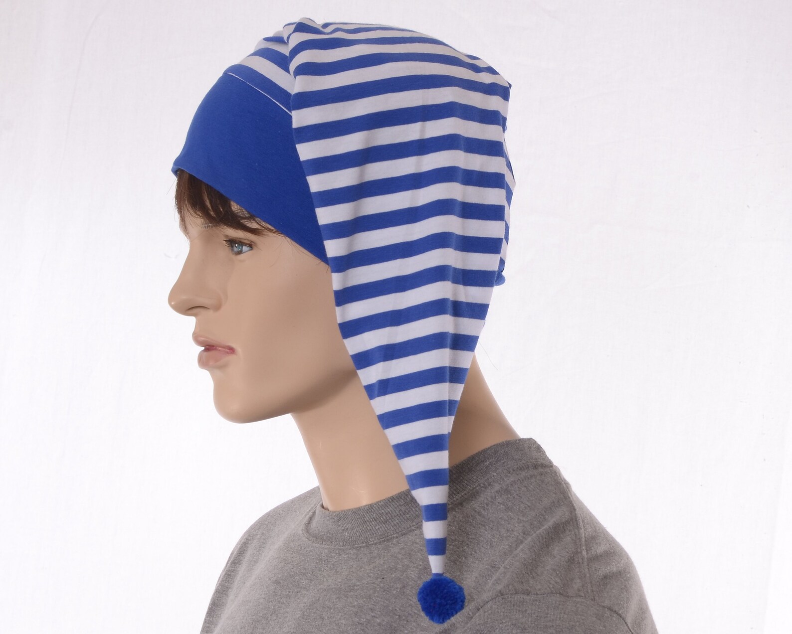 Night Cap Blue White Striped Cotton Nightcap With Pompom Adult Etsy