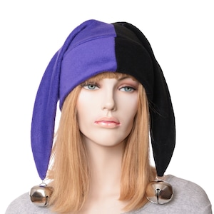 Jester Hat Black Purple Made of Fleece Harlequin Cap Two Pointed with Oversized Bells Cosplay Adult Men Women