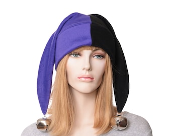 Jester Hat Black Purple Made of Fleece Harlequin Cap Two Pointed with Oversized Bells Cosplay Adult Men Women