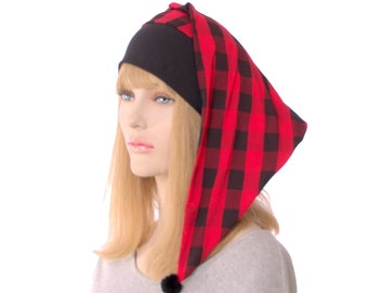 Buffalo Plaid Cotton Nightcap: Red Black Pointed Sleep Hat with Pompom