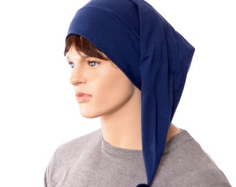 Night Cap Navy Blue Pointed Handmade Nightcap with Pompom Cotton Adult Men Women