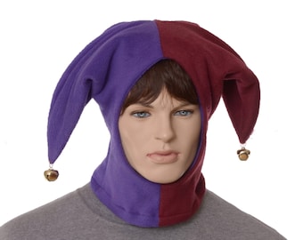 Jester Hood Burgundy and Purple Hat Made of Fleece with Bells Harlequin Cap Cosplay Handmade Adult Men Women