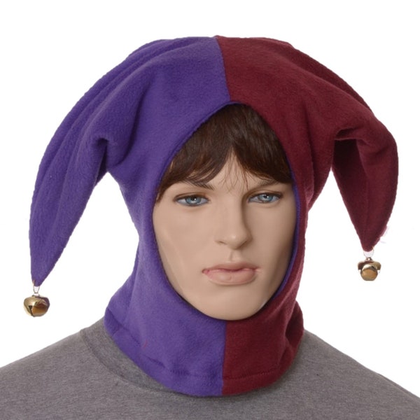 Jester Hood Burgundy and Purple Hat Made of Fleece with Bells Harlequin Cap Cosplay Handmade Adult Men Women