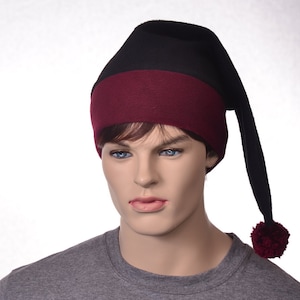 Stocking Cap Black Burgundy Maroon Brim Pointed Mens Hat Women Elf Cap Goth Long Beanie Hat Adult PomPom Gift for Her Him