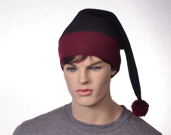 Stocking Cap Black Burgandy Maroon Brim Long Pointed Mens Hat Women Elf Cap Goth Long Beanie Hat Adult PomPom Gift for Her Him