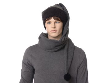 Extra Long Fleece Stocking Cap Scarf: Gray & Black Pompom Winter Hat