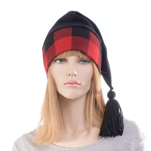 Buffalo Plaid Stocking Cap Red Long Pointed Hat with Tassel Warm Winter Beanie Elf Cap Sock Hat Adult Men Women
