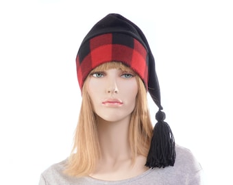 Buffalo Plaid Stocking Cap Red Long Pointed Hat with Tassel Warm Winter Beanie Elf Cap Sock Hat Adult Men Women