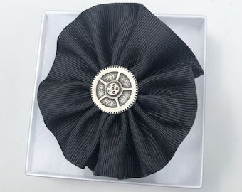 Cockade Black Steampunk Gear Button  Grosgrain Ribbon Hat Trim Brooch Rosette Cosplay Handmade Embellishment