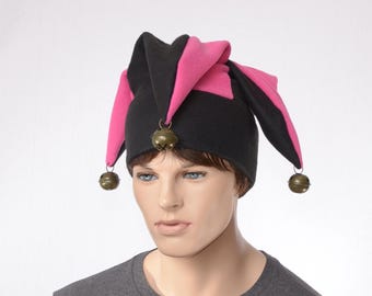Jester Hat Magenta Black with Bronze Bells Fleece Harlequin Cap Fools Hat Three Pointed Beanie 3 Tail Hat Cosplay Adult Men Women