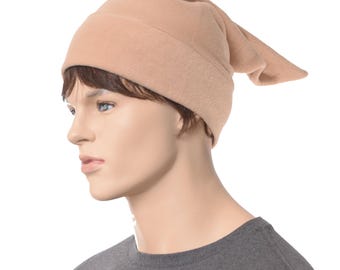 Camel Tan Elf Tail Fleece Hat: Handmade Pointed Stocking Cap