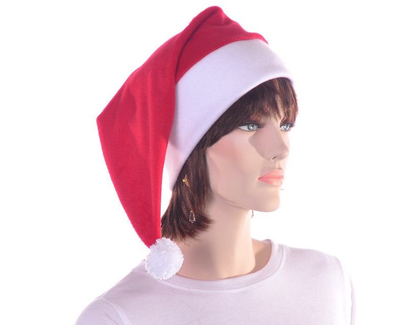 Red White Stocking Cap Fleece with Pompom Fuzz Ball