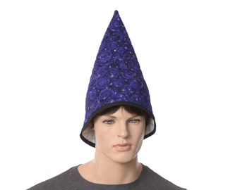 Gnome Hat Pointy Quilted Cotton Purple Swirls Stars Celestial All Natural Fiber Tall Pointed Cap Costume Wizard Witch Adult Men Women