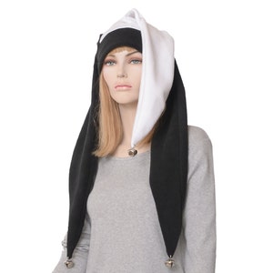 Jester Hat Long Black and White Silver Bells Three Pointed Fleece Harlequin Cosplay Below Shoulder Goth Ren Fair