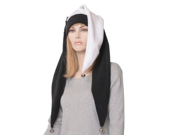 Jester Hat Long Black and White Silver Bells Three Pointed Fleece Harlequin Cosplay Below Shoulder Goth Ren Fair