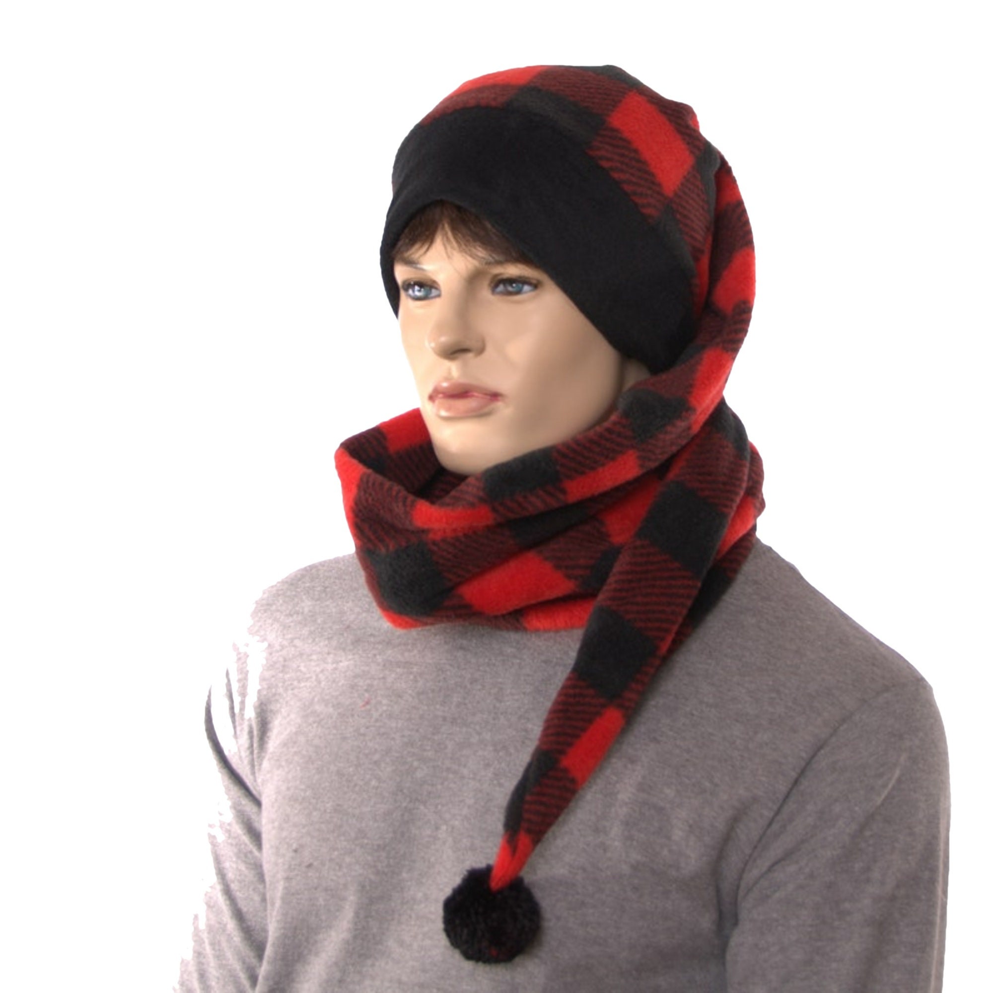 Long Stocking Cap Buffalo Plaid Around Scarf Hat Fleece Red Black