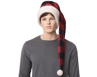 Long Stocking Cap Black Red Buffalo Plaid  XXL PomPom Long Tail Hat Fleece Gift for Him Adult Man Women