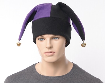 Jester Hat Purple Black with Gold Bells Fleece Harlequin Cap Fools Hat Three Pointed Beanie 3 Tail Hat Cosplay Adult Men Women