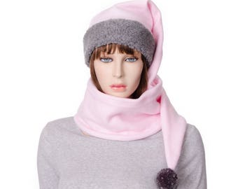 Long Stocking Cap Wrap Around Scarf Hat Pink  Gray Sherpa Headband Fleece Adult Men Women