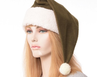 Santa Hat Drab Olive Green Fleece Stocking Cap with Sherpa Cuff and Pom Pom Adult Mens Womens