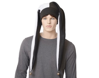 Jester Hat Long Black White Fleece Three Pointed Silver Bells Renaissance Fair Adult Men Women Harlequin Cosplay Handmade Costume