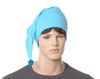 Nightcap Turquoise Blue Pointed Pompom Unisex Adult  Men Women Comfortable Cotton Night Cap Hat to Sleep In Chemo Headcover Elf Hat