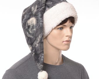 Santa Hat – Goth Pentagram, Black Cat & Skull Fleece, Unisex Witchy Christmas Hat with Sherpa Cuff Yarn Pompom